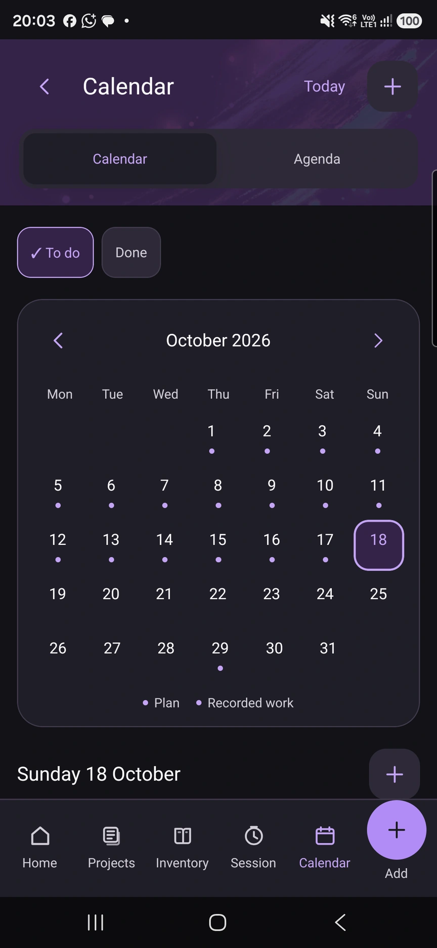 Calendar with plans and recorded work in dark mode.