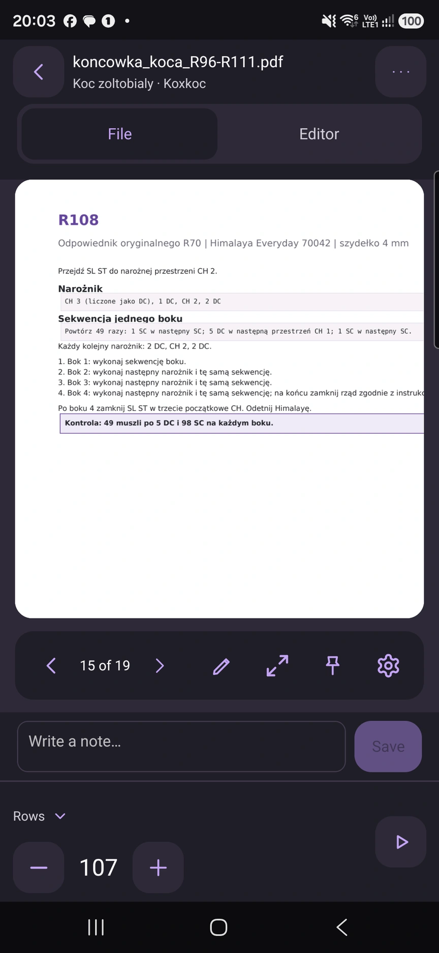 PDF reader with a row counter in dark mode.