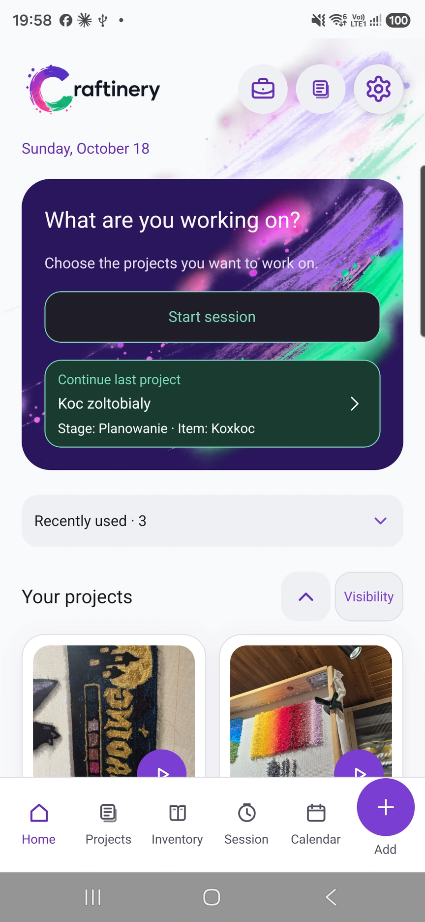 Home screen with projects and the button to start a session.