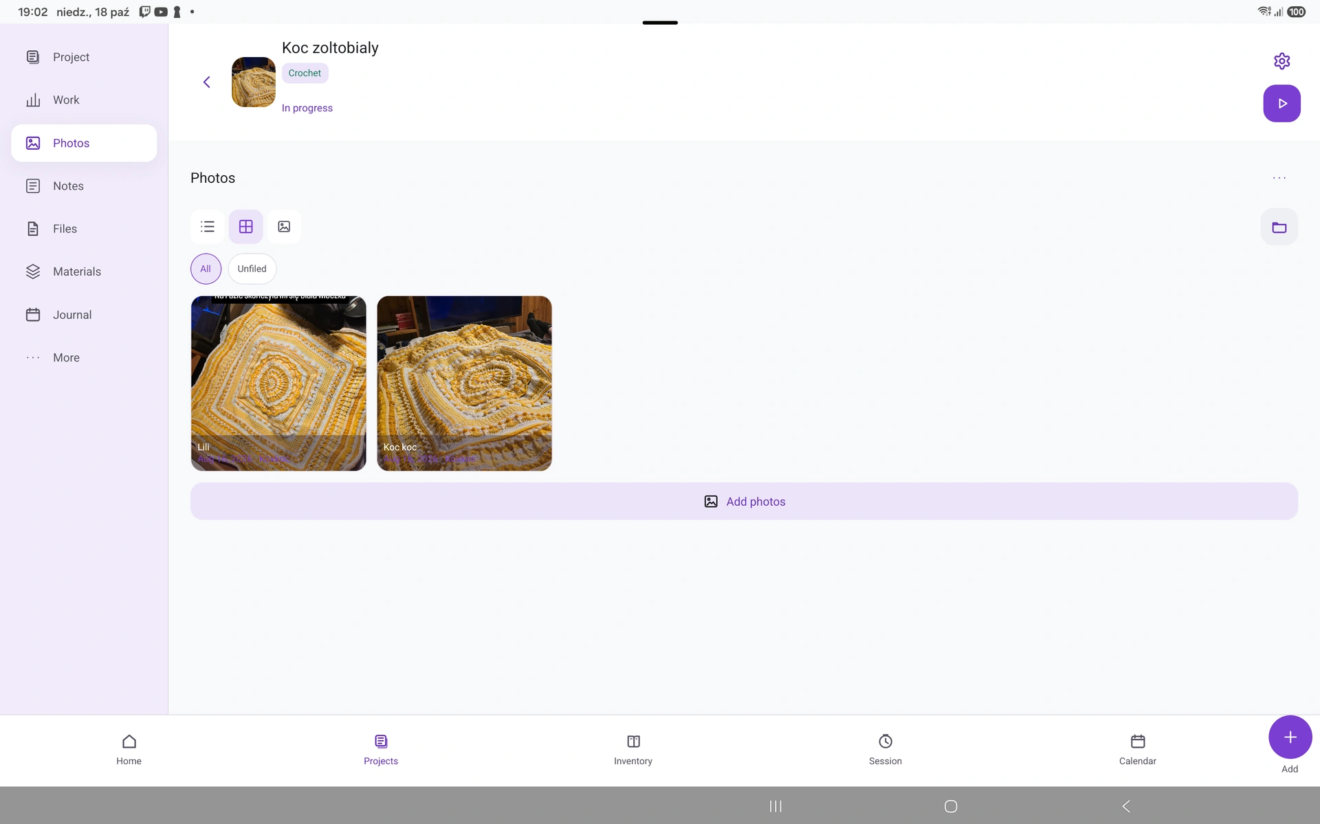 Project progress photo gallery on a tablet.