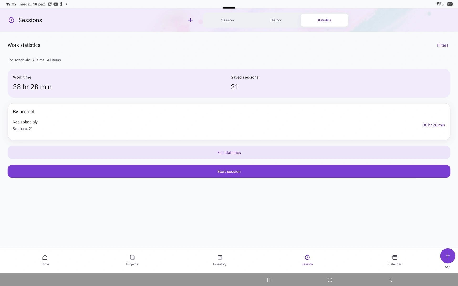 Project work statistics on a tablet.