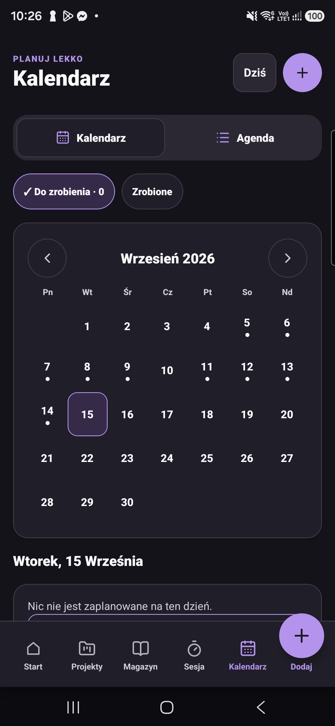Calendar showing days with recorded work; Polish interface.