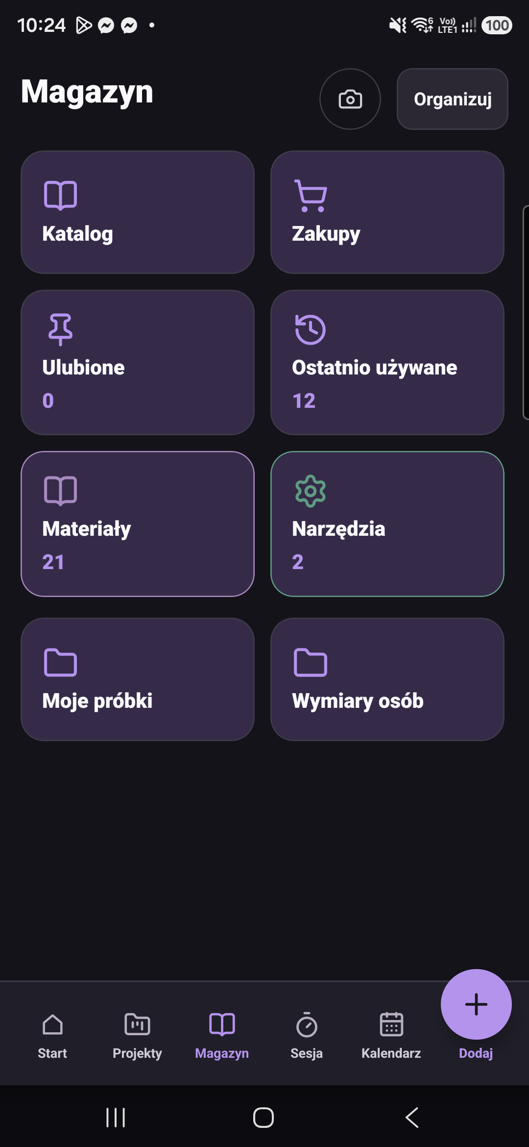 Inventory with Materials, Tools, Catalog and Shopping; Polish interface.